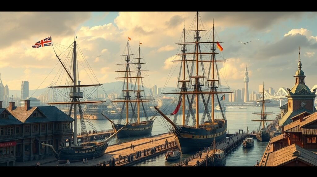 Kóbe kikötője történelmi hajókkal és városi háttérrel