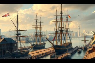 Kóbe kikötője történelmi hajókkal és városi háttérrel