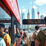 Turisták a City Loop busz megállójában Kóbéban, városi látképpel.