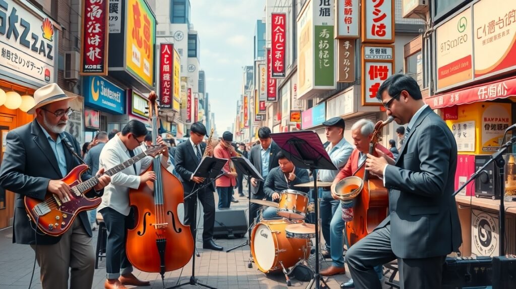 Jazz zenekar Kóbe utcájában, helyi zenei kultúra bemutatója.