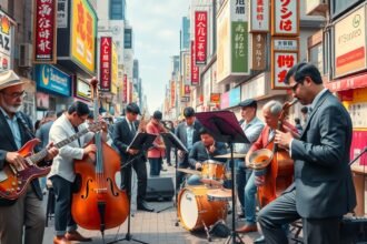 Jazz zenekar Kóbe utcájában, helyi zenei kultúra bemutatója.