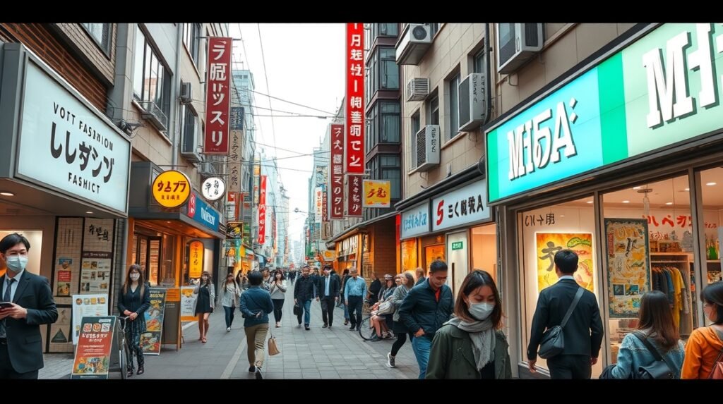 Kóbe Sannomiya negyedének divatos vásárlóutcája, üzletekkel