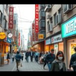 Kóbe Sannomiya negyedének divatos vásárlóutcája, üzletekkel