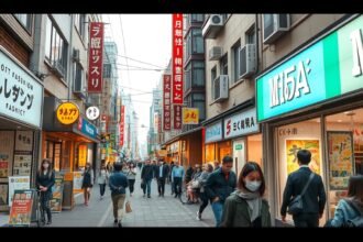 Kóbe Sannomiya negyedének divatos vásárlóutcája, üzletekkel