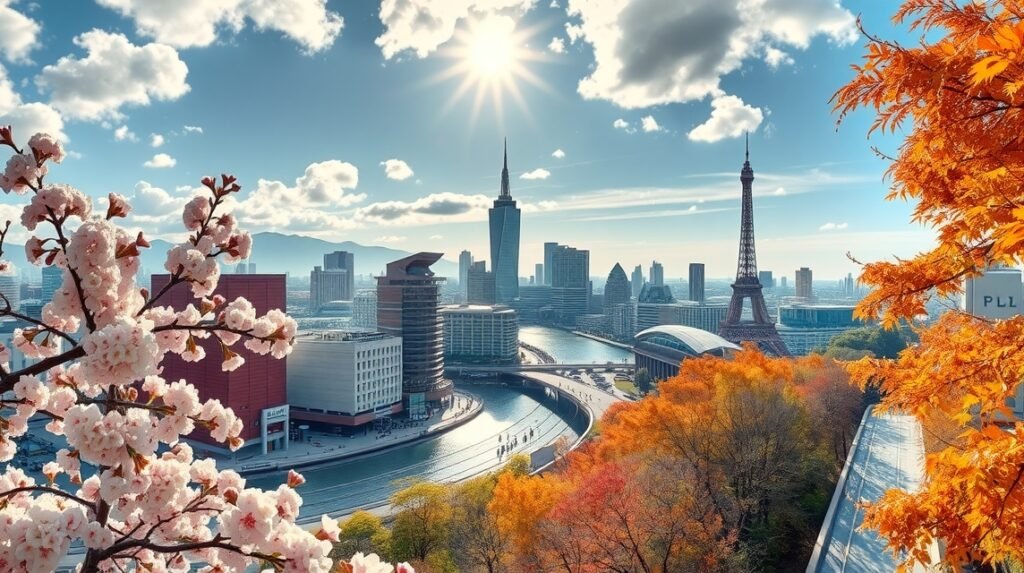 Kóbe városának látképe tavasszal és ősszel, virágzó kertek és aranyló lombok.