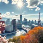 Kóbe városának látképe tavasszal és ősszel, virágzó kertek és aranyló lombok.