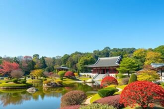 Korakuen kert varázslatos tája Japánban, élénk színek és nyugodt víz.