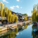 Kurashiki Bikan negyed csatornája fűzfákkal és látogatókkal