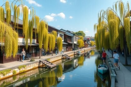 Kurashiki Bikan negyed csatornája fűzfákkal és látogatókkal