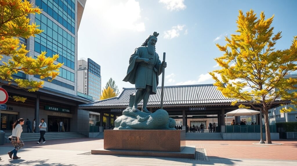 Momotaro szobor a Okayamai vasútállomás előtt, kék ég és sárga fák körül.