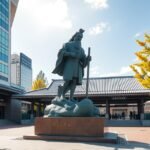 Momotaro szobor a Okayamai vasútállomás előtt, kék ég és sárga fák körül.