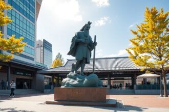 Momotaro szobor a Okayamai vasútállomás előtt, kék ég és sárga fák körül.