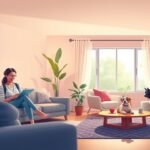 Nő pihen a kanapén, kutyák társaságában, színes lakásban.