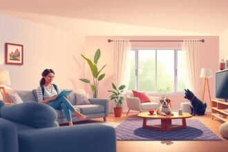 Nő pihen a kanapén, kutyák társaságában, színes lakásban.