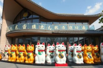 Manekineko (Integető macska) Művészeti Múzeum Okayamában, Japánban.