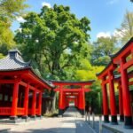 Saijo Inari szentély vörös torii-k és zöld fák alatt Okayamában.