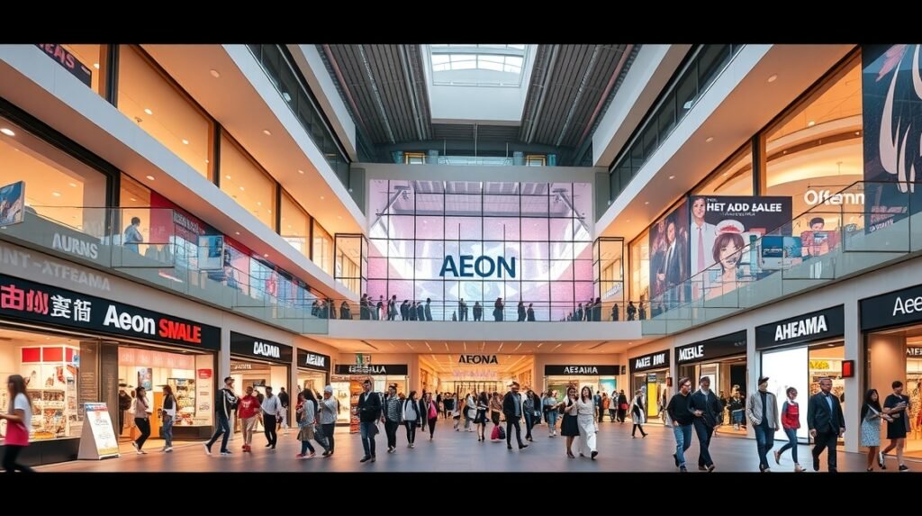 Aeon Mall Okayama belső terület, vásárlók a plázában.