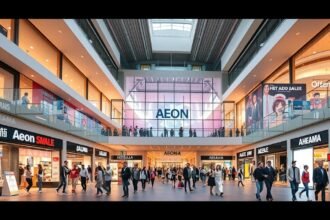 Aeon Mall Okayama belső terület, vásárlók a plázában.