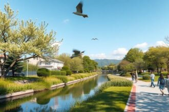 Séta a Nishigawa csatorna parkban, Okayama városában, Japánban.