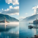 Bledi-tó és Piran gyönyörű látképe hegyekkel és tengerrel.