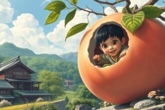 Momotaro, az őszibarack fiú, aki a legendás történet hőse.