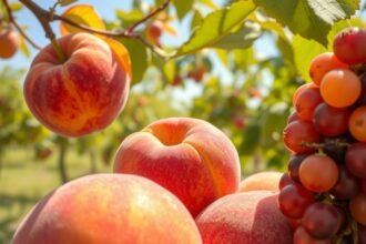 Lédús barack és színes szőlő Okayama gyümölcsösében.