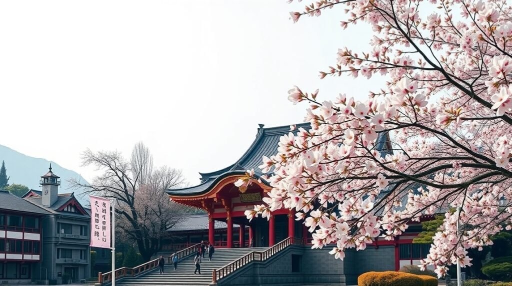 Dazaifu Tenmangu szentély virágzó szilvafákkal Fukuokában