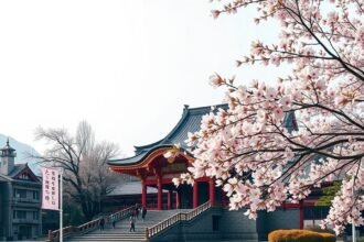 Dazaifu Tenmangu szentély virágzó szilvafákkal Fukuokában