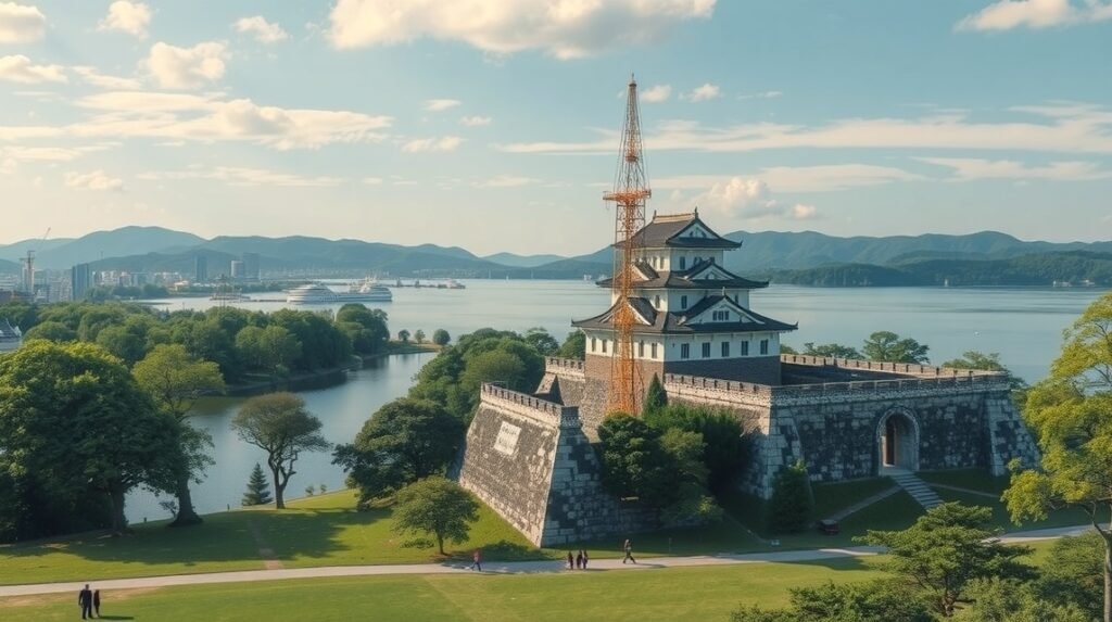 Fukuoka vár romjai a Ohori Park mellett, lenyűgöző tájban.