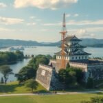 Fukuoka vár romjai a Ohori Park mellett, lenyűgöző tájban.