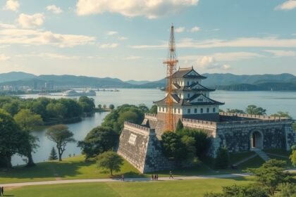 Fukuoka vár romjai a Ohori Park mellett, lenyűgöző tájban.