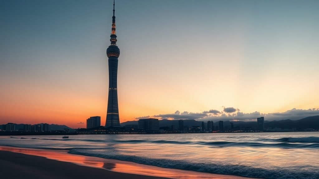 Fukuoka torony naplementében, homokos tengerpart mellett.