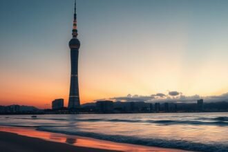 Fukuoka torony naplementében, homokos tengerpart mellett.