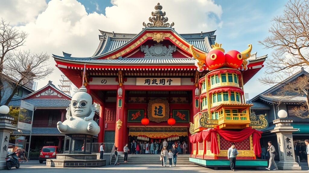 A Kushida szentély és a látványos fesztiválkocsik Fukuokában.