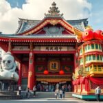 A Kushida szentély és a látványos fesztiválkocsik Fukuokában.