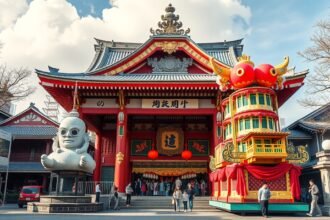 A Kushida szentély és a látványos fesztiválkocsik Fukuokában.