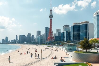 Fukuoka modern tengerparti látvány a Momochi Seaside Parkban