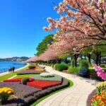 Virágzó fák és tengerparti sétány az Uminonakamichi Tengerparti Parkban, Fukuokában
