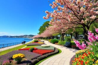 Virágzó fák és tengerparti sétány az Uminonakamichi Tengerparti Parkban, Fukuokában