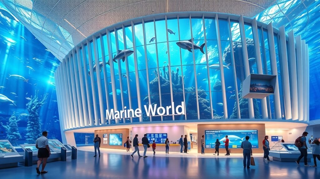Marine World akvárium belső nézet Fukuokában, interaktív bemutatók