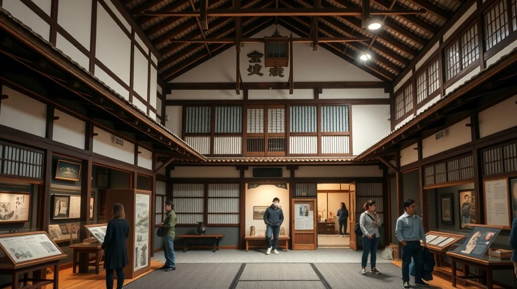 Hakata Machiya Néprajzi Múzeum belső tere, látogatók az interaktív kiállításoknál.