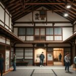 Hakata Machiya Néprajzi Múzeum belső tere, látogatók az interaktív kiállításoknál.