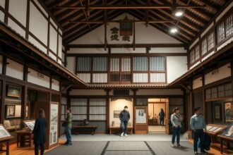 Hakata Machiya Néprajzi Múzeum belső tere, látogatók az interaktív kiállításoknál.