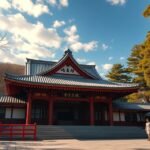 Fukuoka Sumiyoshi-szentély vörös torii-k és nyugodt környezetben.