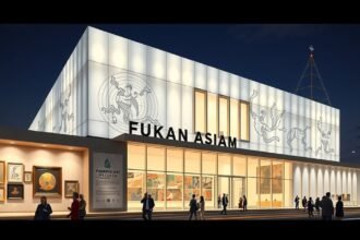 Fukuoka Ázsiai Művészeti Múzeum modern épülete éjszaka