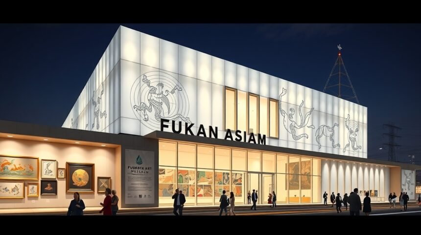 Fukuoka Ázsiai Művészeti Múzeum modern épülete éjszaka