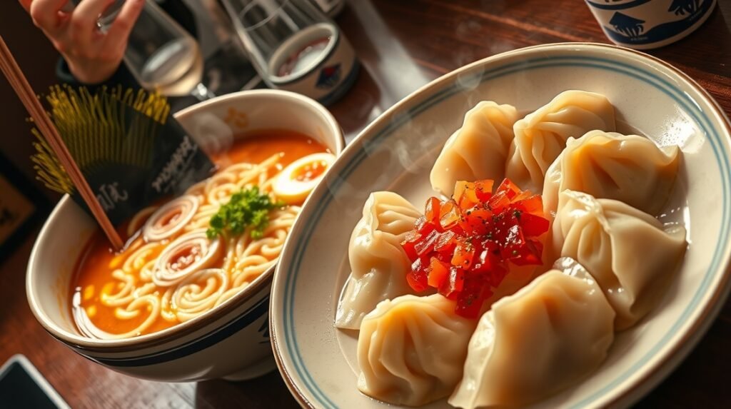 Tonkotsu ramen és Hakata gombóc egy étteremben Fukuokában