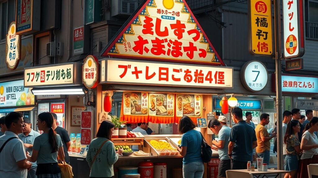 Utcai kifőzde Fukuokában, ahol helyi ételek, mint ramen és yakitori várnak.