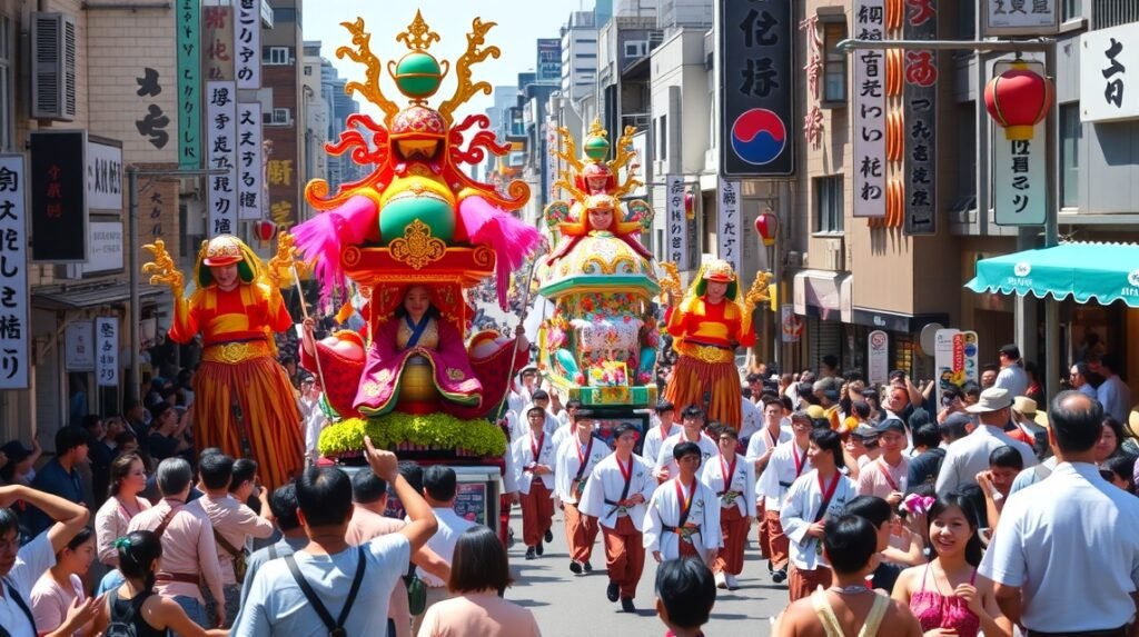 Hakata Gion Yamakasa fesztivál, díszes felvonulás Fukuokában.