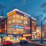 Fukuoka JR Hakata City bevásárlóközpont esti fényekben.